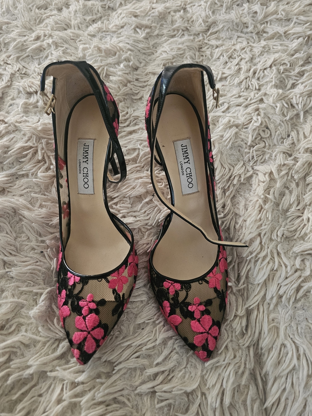 Jimmy Choo Pink Floral Lace Pointed-Toe Pumps